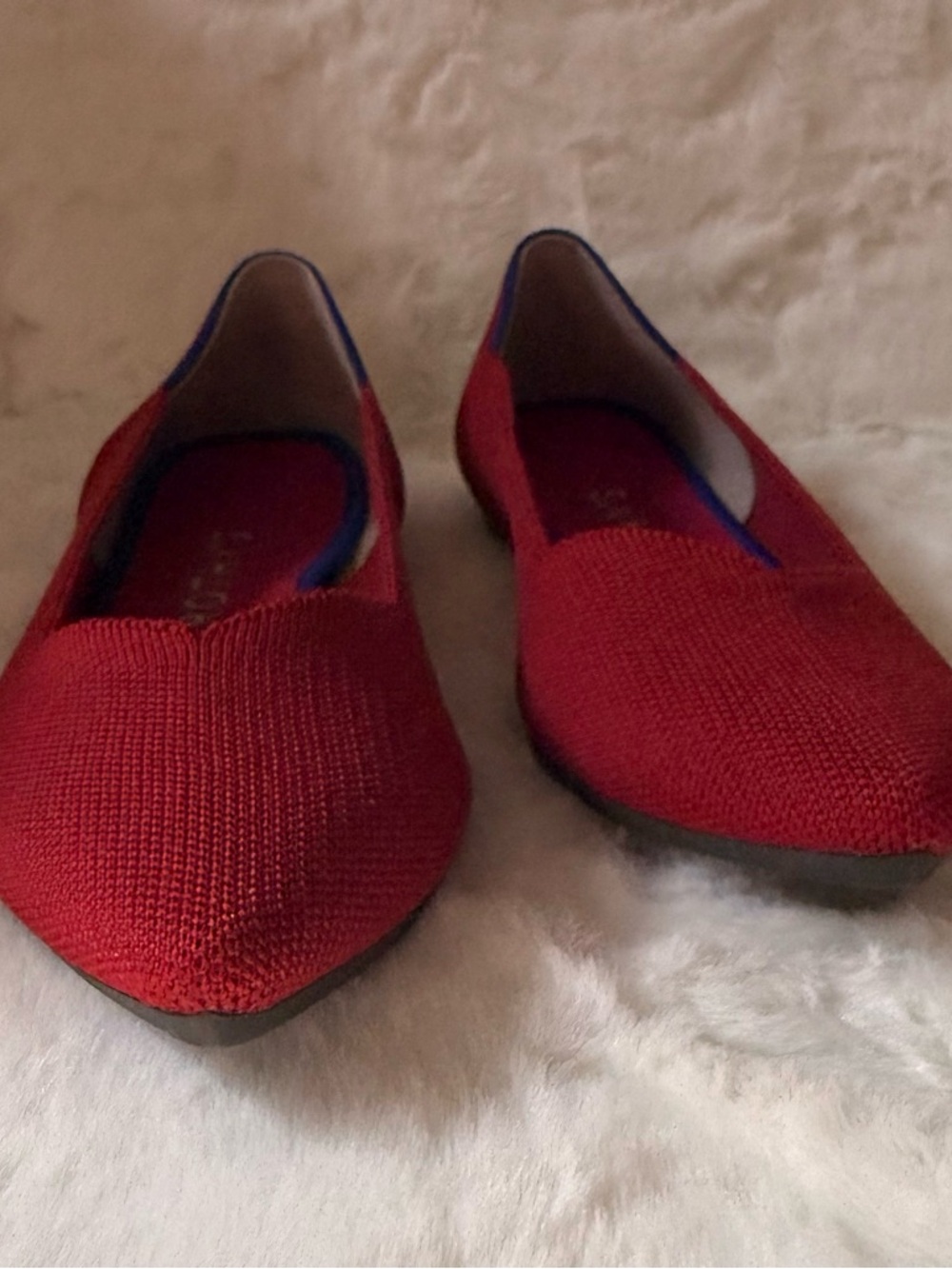 Rothy's Red Pointed Knit Flats with Blue Trim - Picture 5 of 10